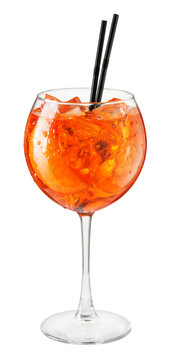 Cold aperol spritz cocktail in glass with straw isolated on white background