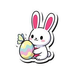 Adorable white cartoon bunny gently holding a pastel-striped Easter egg adorned with a delicate yellow butterfly.