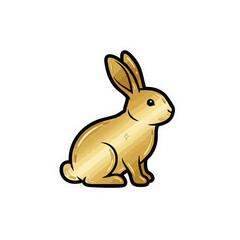 Obraz premium Adorable cartoon golden bunny illustration, sitting gracefully with long ears, highlighted by a subtle shimmer against a stark black void.