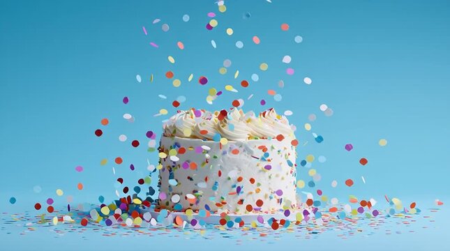 Celebratory Small White Cake with Colorful Confetti Explosion on Blue Background