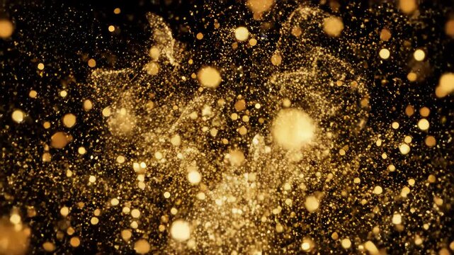 Explosion of Golden Bokeh lights. Holiday motion background. Glowing particle abstract. Exploding gold particles. 3d rendering. Isolated on black effect. Trend footage.