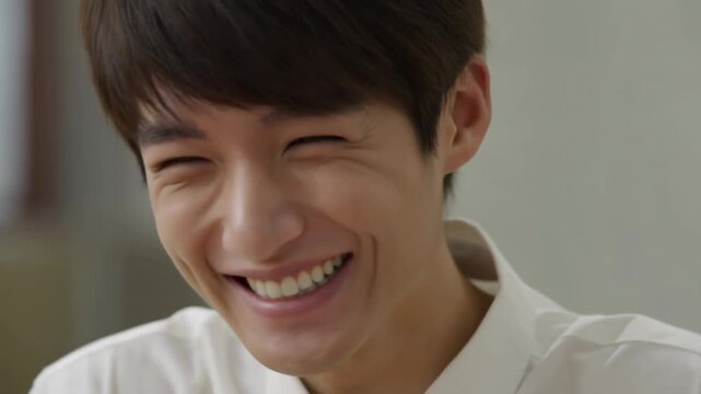 Happy Asian Man In Office. Relaxed Asian Individual Showcasing Genuine Happiness And Professionalism