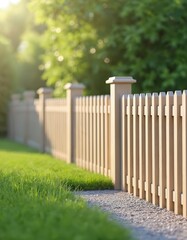 Light brown wooden fence borders green lawn and gravel path. Sunlight filters through lush trees creating serene backyard scene. Peaceful residential exterior.