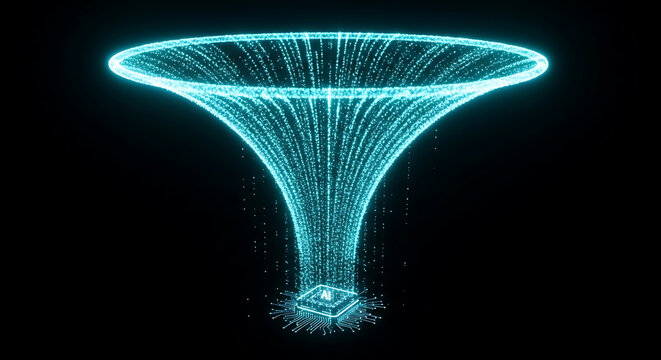 Abstract futuristic blue light vortex with digital particle flow in dark
