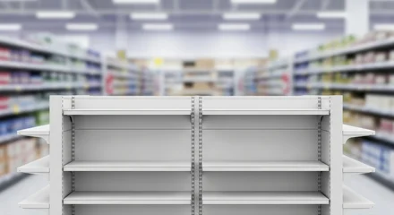 Fototapete Gondeln Detailed 3D illustration of twin empty gondola endcaps in a modern supermarket, awaiting product display  © Tanakorn