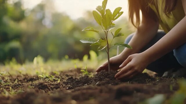 A person plants a small tree in soil. Hands carefully tend the plant, surrounded by a blurred green background