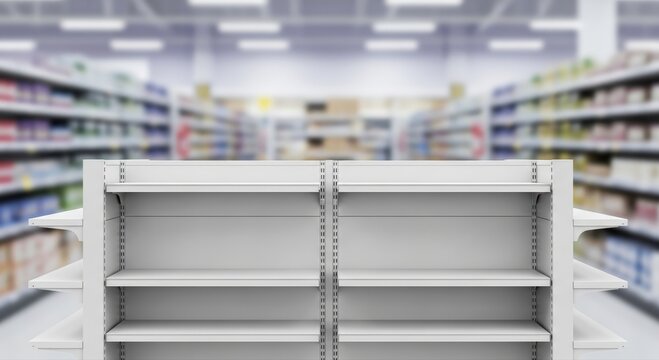 Detailed 3D illustration of twin empty gondola endcaps in a modern supermarket, awaiting product display