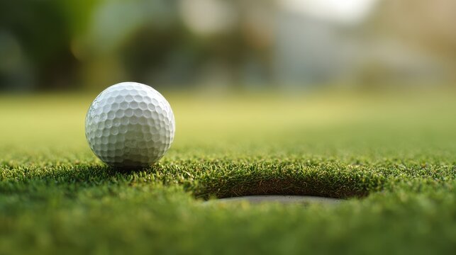 A golf ball rests on the lip of a cup on a lush green putting green during a sunny day.