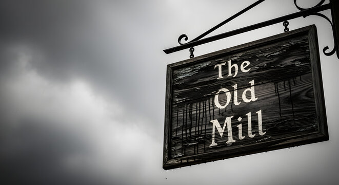 An antique, rustic wooden sign for "The Old Mill" pub hangs against a dramatic, cloudy, and dark sky.