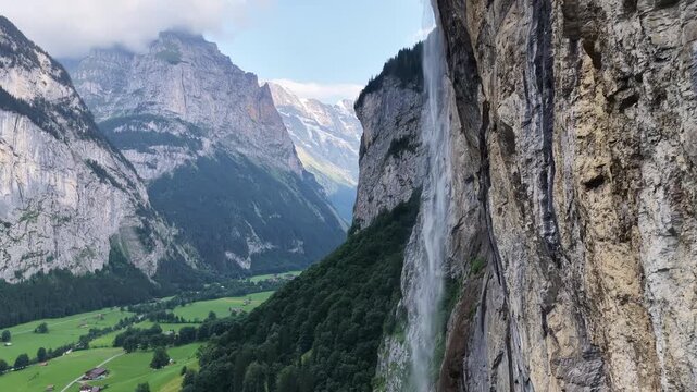 Aerial shot of staubbach falls in lauterbrunnen valley, switzerland