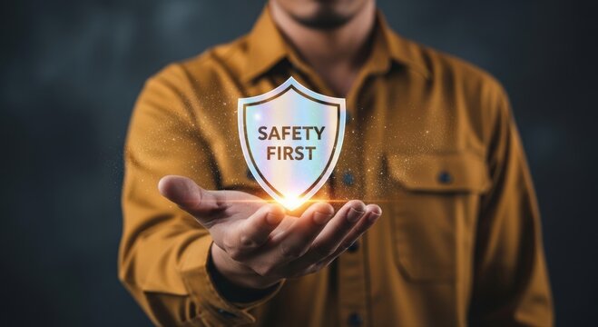 Professional presents glowing "Safety First" shield, emphasizing hazard awareness and worker protection