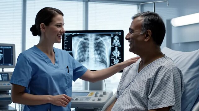 Doctor Explains X-ray of Fractured Ribs to Patient Revealing Good Healing Results in Hospital Setting