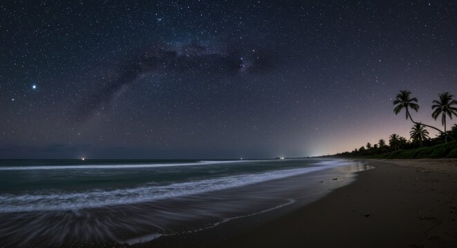 starry night beach with milky way over calm ocean and palm trees
