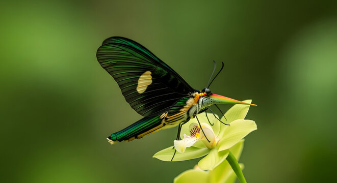 Macro Shot of an Exotic Green and Black Butterfly Perched on a Yellow Orchid Flower