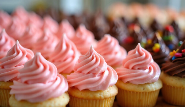 A row of cupcakes with various flavors were neatly arranged on the dessert table.
