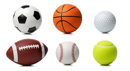 Collection of six different spherical sports balls including soccer basketball football golf baseball and tennis items arranged nicely isolated on white
