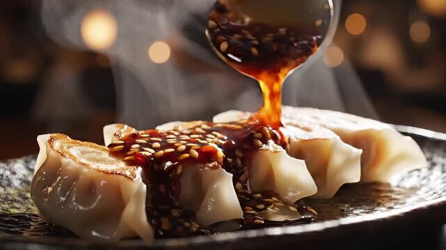 Pouring Soy Sauce Over Gyoza Dumpling on Plate, Authentic Japanese Restaurant Serving Scene with Warm Cinematic Lighting