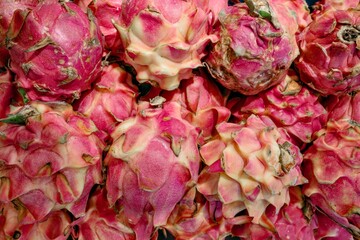 A vibrant, close-up photograph showcasing a pile of exotic dragon fruits with their distinctive pink and yellow scales, presenting a visually rich and textured composition reminiscent of a t