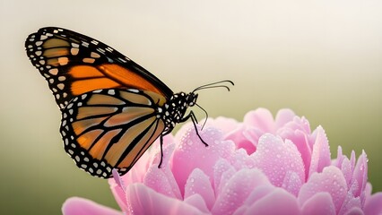 Obraz premium A monarch butterfly perched on a pink flower in a serene garden landscape from a gentle side view