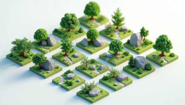Collection of miniature 3D landscape elements. Tiny green trees, rocks, and bushes on small grass patches with paths. Digital models for design and visualization.