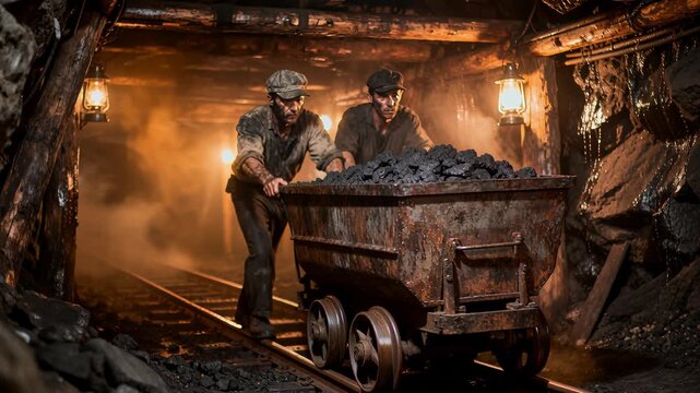 Hardworking Miners Move Ore Carts In Shadowy Coal Mine Environment