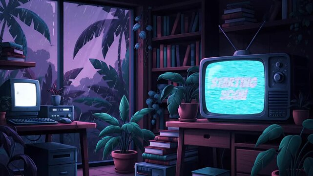 stream starting soon screen, overlay loop, animated virtual backgrounds, cozy lo-fi living room at rainstorm, vtuber asset twitch zoom OBS, anime chill hip hop. Cyan purple colours manga style
