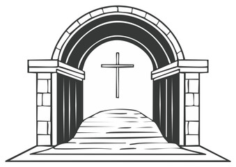 Fototapeta premium Stone Archway Leading to a Cross Symbol Over a Winding Path