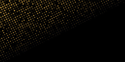 Abstract luxury banner with golden glittering dots on black background. Sparkling glitter bottom border, vector frame. Halftone effect. Magical gold dust. Pop art style backdrop.
