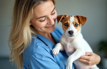 Female vet holds cute jack russel terrier puppy gently. Veterinarian shows love and care for the small dog in clinic. Puppy looks at camera with big eyes.