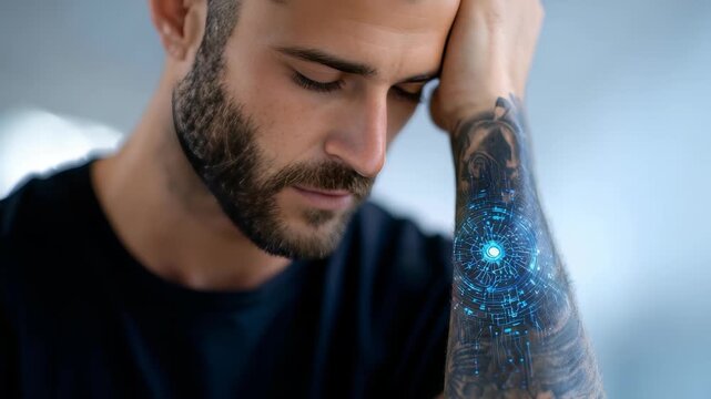 A thoughtful young man with a beard gazes at his forearm, which features a glowing futuristic digital interface overlay. The image blends cyberpunk aesthetics with modern tattoo art