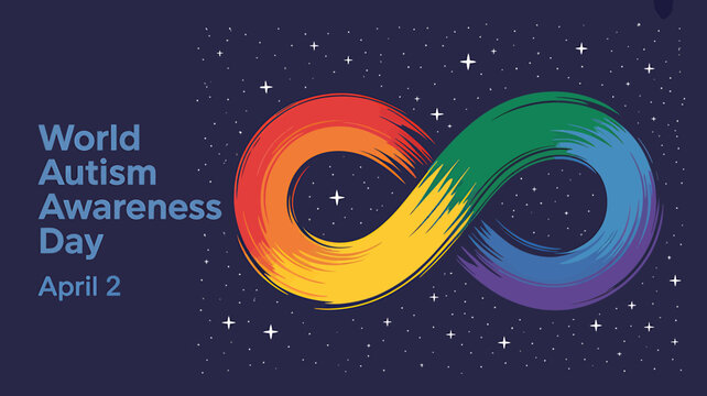 World Autism Awareness Day April 2 colorful infinity symbol with rainbow colors and stars