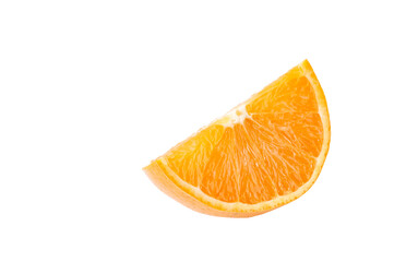 Vibrant orange fruit segment showing juicy pulp and peel on a clean white background, creating copy space