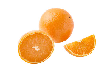 Fresh whole orange fruit with one half and a wedge slice. Vibrant citrus offering health, vitamins, and juicy flavor