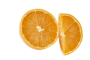 Fresh orange fruit cut in half and partial slice on a clean white background, showing juicy cells and vibrant color