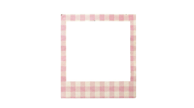 Pink and white gingham checkered polaroid photo frame, isolated on transparent background.