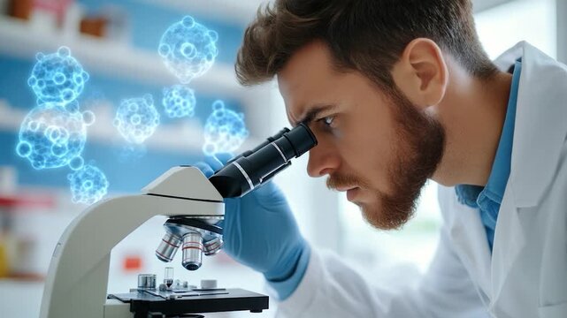 A scientist peers into a microscope, observing floating blue particle models in a lab setting