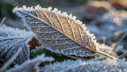 macro shot of frost crystals on a leaf, winter morning, natural