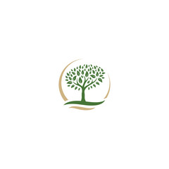 Green tree logo design with leaves and a circular background.