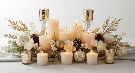 Decorative holiday centerpiece with candles, ornaments, and festive greenery.
