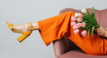 A person lying on a pink sofa holding a bouquet of pink tulips.