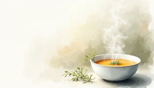 Watercolor illustration of white bowl with hot steaming soup garnished with herbs. Gentle warmth comfort food. Soft muted background complements delicate culinary art.
