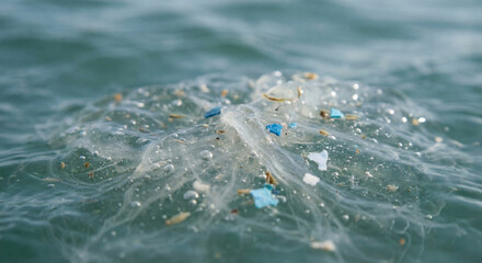 Translucent jellyfish floating in ocean water contaminated with microplastics