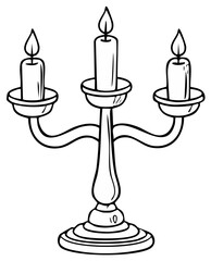 Simple line art illustration of a traditional three candle candelabra with burning flames and decorative design