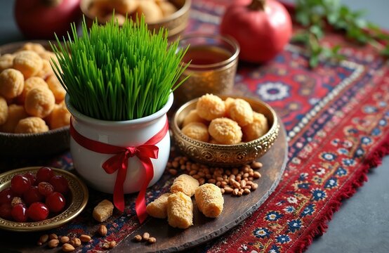 Azerbaijan holiday table with fresh green sprouts semeni. Festive sweets shekerbura qogal paxlava and mutaki cookies. Nuts and red berries on tray. Traditional carpet background.
