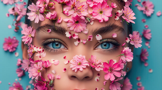 A woman's face is covered in pink flowers
