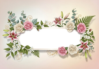A floral border with pink roses and green leaves