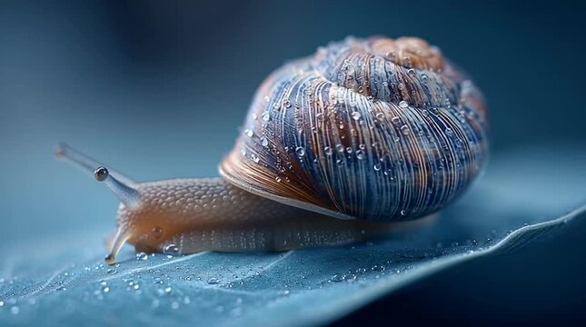 Snail Crawling Slowly on Leaf Surface with Water Droplets and Blue Background
