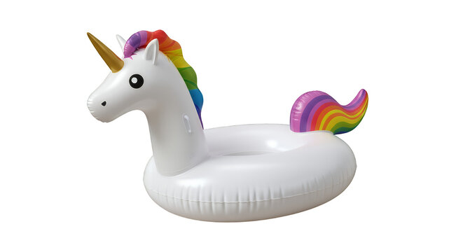 White inflatable unicorn pool float isolated on transparent background rainbow mane