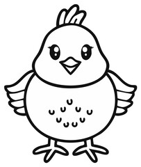 Obraz premium Cute cartoon chick illustration in black and white, standing with wings spread, ready for coloring.