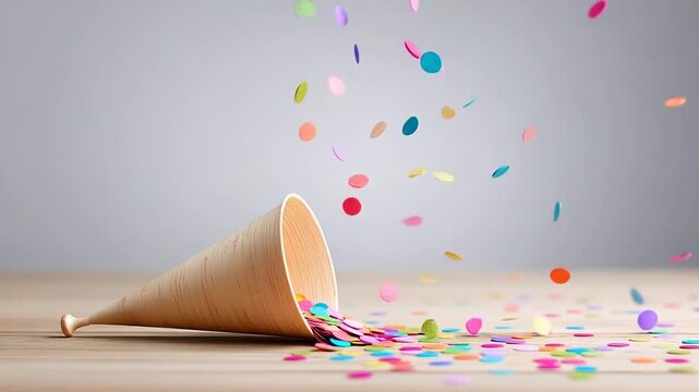 Vibrant confetti explosion from wooden party horn on wooden surface